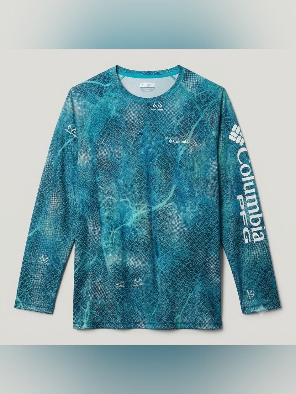 Columbia PFG Men's XL Long Sleeve Fishing Shirt Blue Scale Pattern Realtree Logo